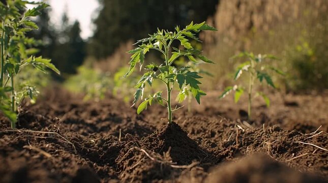Gardener planting young tomato seedling in fertile garden soil.