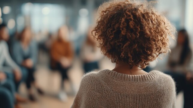 Young woman with curly hair sitting in a circle during a support group meeting session