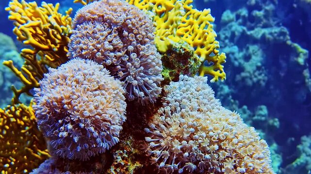 Marine life dive shot, xenia corals and fire coral on the reef