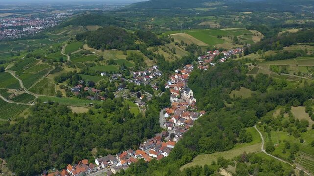 Aerial view of the castle Starkenburg beside Heppenheim in Germany. On a sunny day in Summer. 