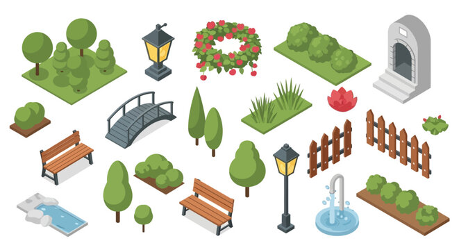 Isometric park elements including benches fountains and decorative greenery