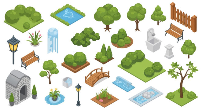 Isometric park elements trees benches ponds and decorative garden features