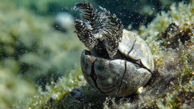 Barnacles on Seashell Underwater, Marine Crustaceans Macro Close Up, Ocean Wildlife Background