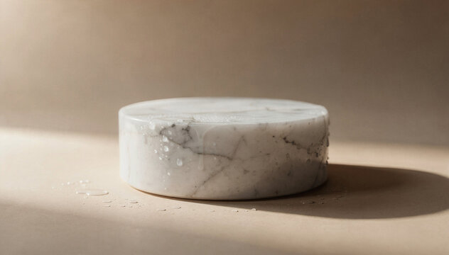 Luxury cosmetic mockup background featuring a white marble round podium with water drops and soft light. Clean minimal scene for skincare, beauty branding and product presentations.