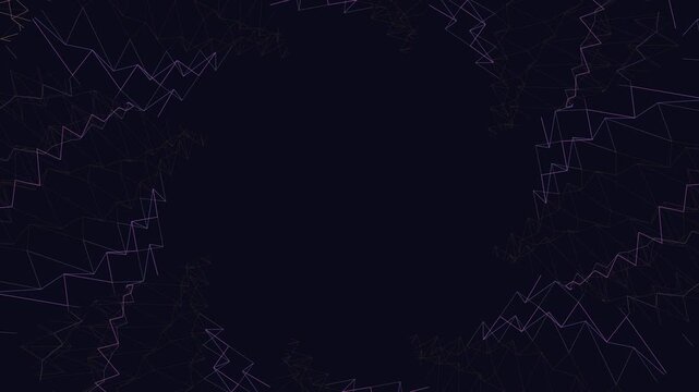 A geometric pattern of interconnected lines and shapes forming a border around a black background