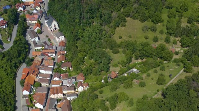 Aerial view of the castle Starkenburg beside Heppenheim in Germany. On a sunny day in Summer. 