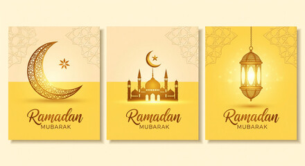 Ramadan mubarak greeting cards with crescent moon mosque and lantern on yellow background for islamic holiday celebrations and wishes