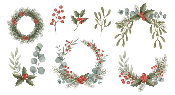 Watercolor Christmas wreaths and foliage elements with red berries and pine needles