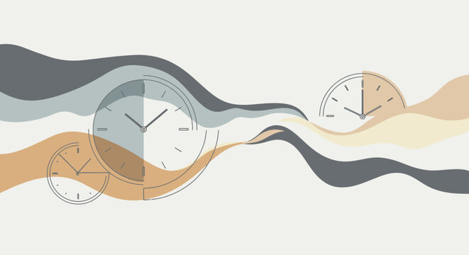 Abstract clock illustration with wavy lines representing time flow and management.