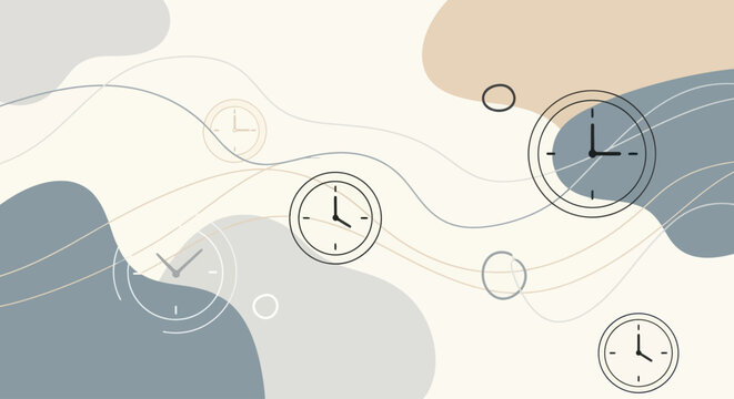 Abstract pastel background with flowing shapes and clock icons representing time management.