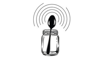 A black spoon stands upright within a clear glass jar with swirling lines © Mithun