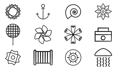 Nautical line art icons set with marine travel and sailing symbols. Collection includes boats, anchors, lighthouses, compasses, and ship wheels  © mofizur