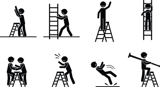 Construction Safety Stick Figure Icon Set Featuring Workers on Ladders Falling Accidents Using Helmets and Carrying Equipment for Industrial Hazards