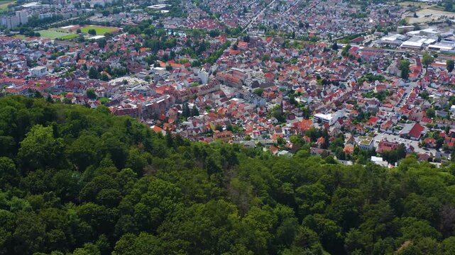 Aerial view of the castle Starkenburg beside Heppenheim in Germany. On a sunny day in Summer. 