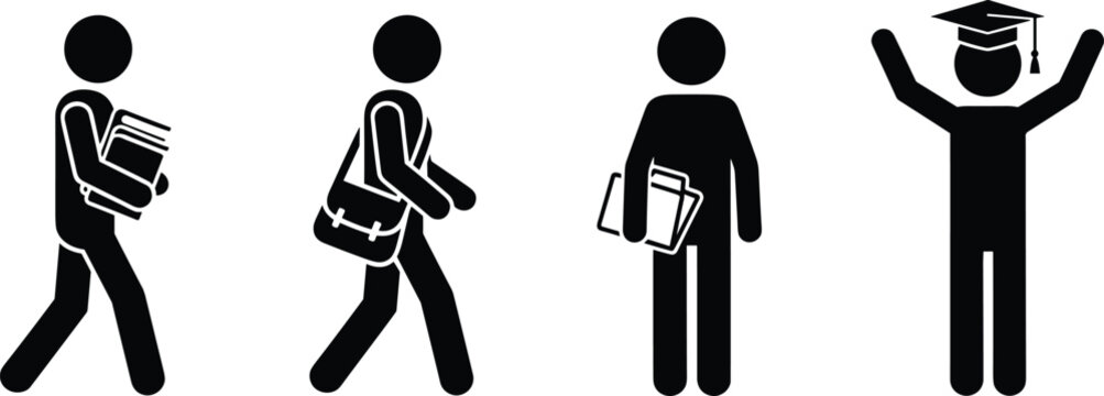ducation Icon Set Featuring Student Stick Figures Carrying Books and Bags and Celebrating Graduation Day with a Cap and Gown