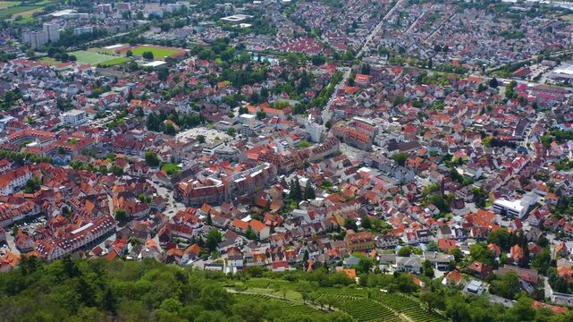 Aerial view of the castle Starkenburg beside Heppenheim in Germany. On a sunny day in Summer. 