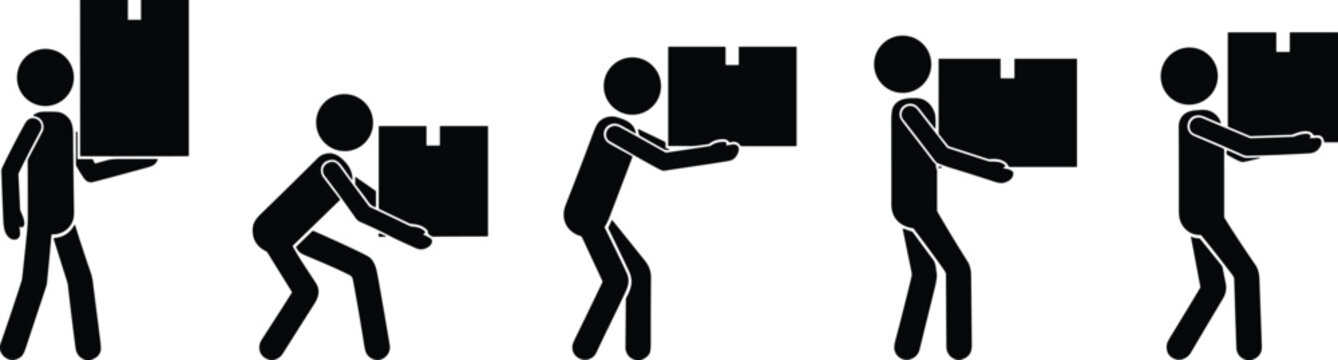 Set of stick figure icons demonstrating safe lifting techniques, manual handling of heavy cardboard boxes, logistics, warehouse work, and physical labor.