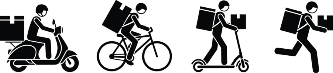 Obraz premium Set of stick figure icons showing delivery services with couriers on scooters, bicycles, electric kick scooters, and running with packages.