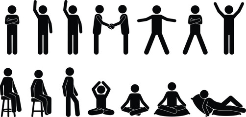 Stick figure icons set, black silhouette people, handshake, greeting, sitting on stool, meditating, yoga, sleeping, person standing with arms crossed.