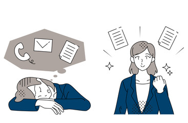 業務トラブルを改善するビフォーアフターのビジネスウーマンのイラスト