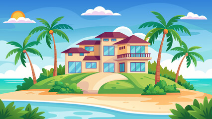 Fototapeta premium Tropical beachfront villa with palm trees under a sunny sky Vector