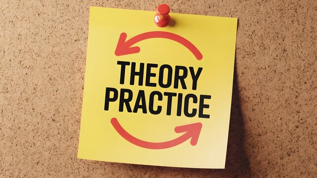 heory vs Practice Concept on Sticky Note, Business Learning and Education Idea, Knowledge Application Strategy, Planning and Execution Balance, Motivation for Growth, Professional Development