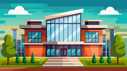 Modern educational building under a clear sky with colorful clouds Vector