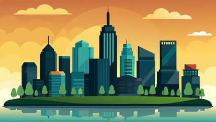 Modern cityscape with skyscrapers under a vibrant sunset sky Vector