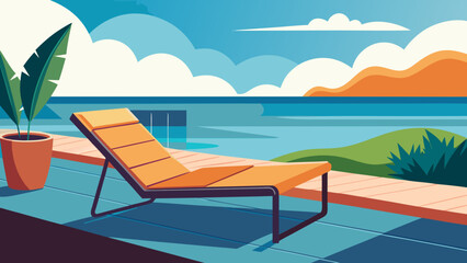 Relaxing beachside lounge chairs under a bright summer sky with ocean views. Vector