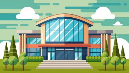 Modern building with glass entrance under a clear blue sky and green landscape Vector