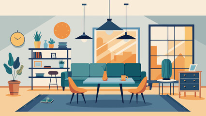 Cozy modern living room with vibrant decor and stylish furniture arrangement Vector