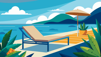 Relaxing beachside lounge area with vibrant tropical ambiance and clear skies Vector