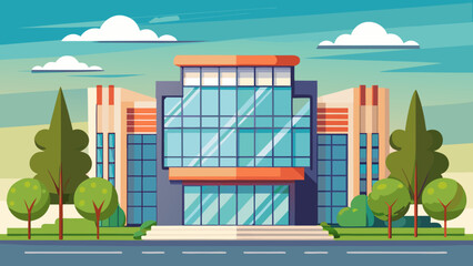 Modern glass-fronted office building under a bright blue sky with clouds Vector