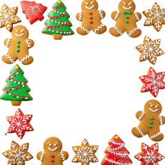 Fototapeta premium Photorealistic top-down flat lay of homemade gingerbread men, stars, and tree cookies, meticulously decorated with vibrant icing, framing white copy space. Cheerful christmas baking concept