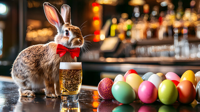 An Easter bunny with a bow at the bar counter next to eggs and a glass of drink is an unusual festive composition, a restaurant interior, and a seasonal marketing image