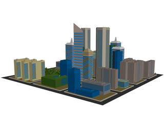 Fototapeta premium Polygonal city model with animated low poly buildings and trees moves against a clean white background.