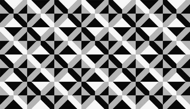 Seamless geometric pattern featuring a faceted diamond lattice in black, white, and grey. Abstract vector background with a high-density triangular tessellation mimicking 3D surfaces, Abstract, Monoch