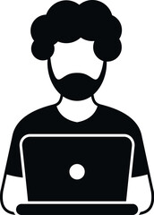 Fototapeta premium Man with beard and curly hair using a laptop, representing a programmer or developer