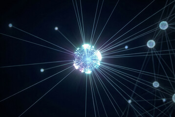 Glowing sphere radiates digital data streams in a dark futuristic minimalist setting