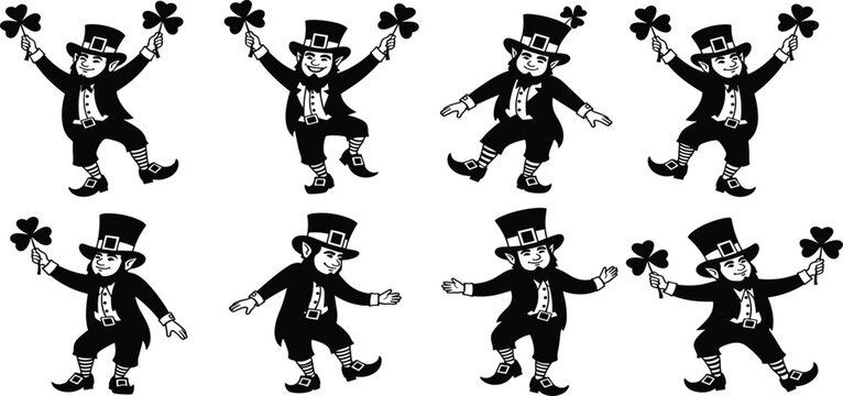 Set of eight black and white leprechaun silhouette illustrations in festive dancing poses with shamrocks, hats, coats, and buckled shoes for St. Patrick&rsquo;s Day