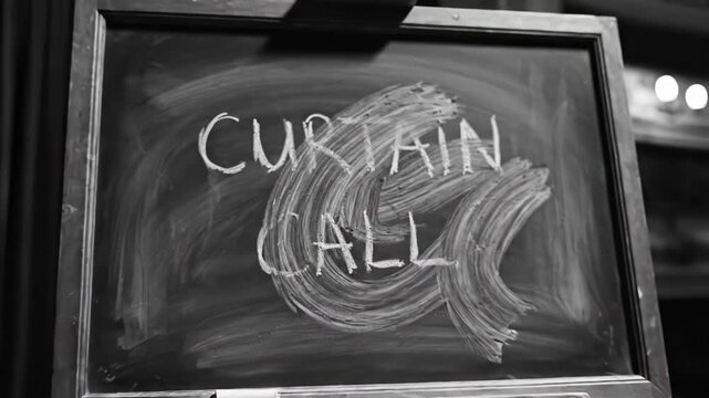 A hand erasing curtain call from a chalkboard