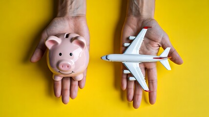 Hands holding piggy bank and airplane travel savings concept
