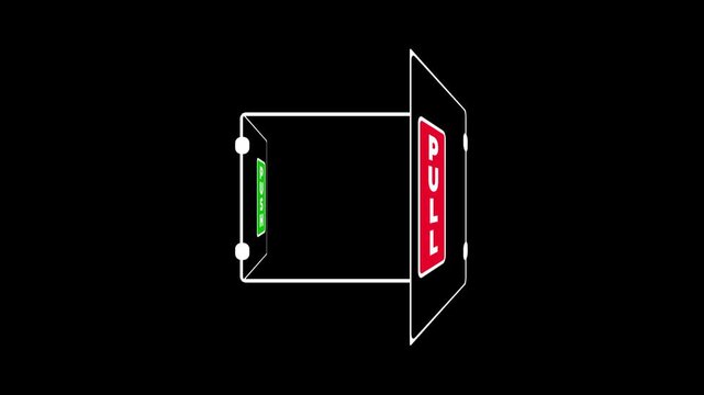 Two glass doors are displayed together showing both a green push sign and a red pull sign to clarify the bidirectional movement of the entrance