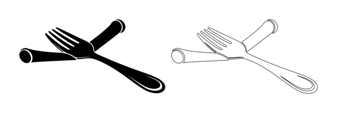 Simple black and white illustration of two forks crossed against a white background