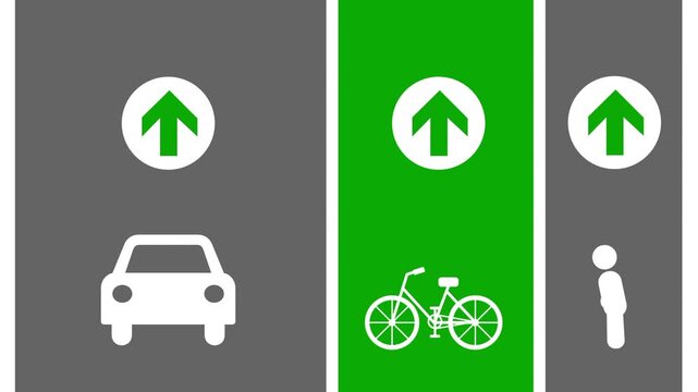 Three separate vertical panels show white upward arrows above icons for a car and a bicycle and a pedestrian to indicate different travel lanes