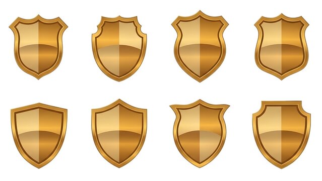 A set of golden shield icons on a transparent background for protection and security concepts