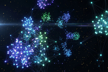 Abstract glowing networks connect in a vibrant dark futuristic digital background design.