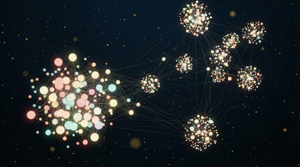 Glowing nodes connect with minimalist lines on a dark backdrop for digital design