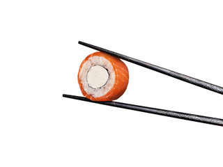 Sushi roll Philadelphia hold chopsticks. Salmon and cream cheese. Isolated on white png