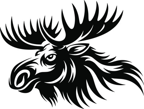 Aggressive Moose Head Silhouette Vector Illustration with Large Antlers Tribal Style Black and White Wildlife Logo Design